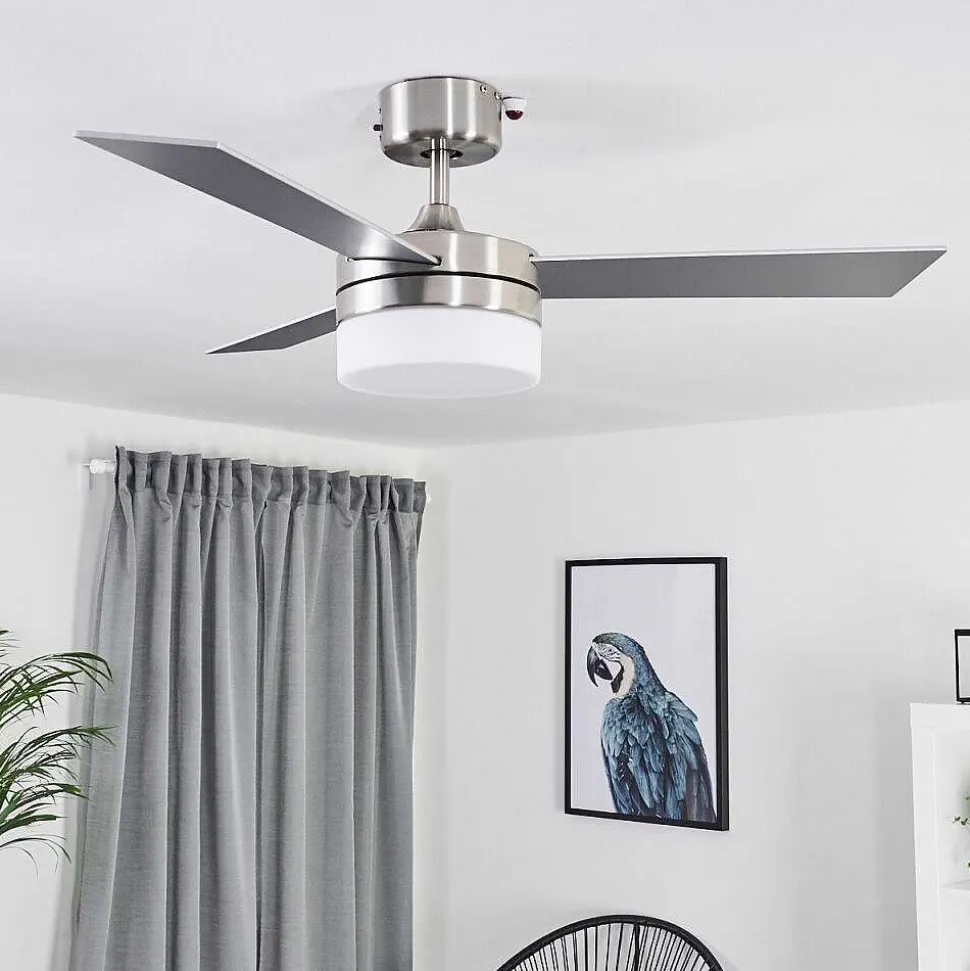 Ventilateur De Plafond Vevey Bois Clair, Nickel Mat, Argente, 2 Lumieres, Telecommandes