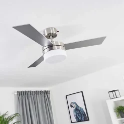 Ventilateur De Plafond Vevey Bois Clair, Nickel Mat, Argente, 2 Lumieres, Telecommandes