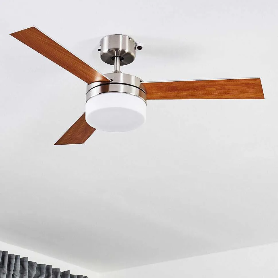 Ventilateur De Plafond Vevey Bois Clair, Nickel Mat, Argente, 2 Lumieres, Telecommandes