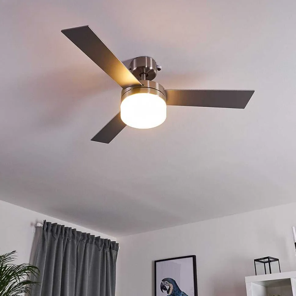 Ventilateur De Plafond Vevey Bois Clair, Nickel Mat, Argente, 2 Lumieres, Telecommandes