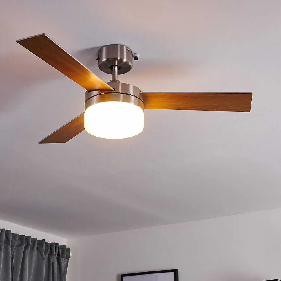 Ventilateur De Plafond Vevey Bois Clair, Nickel Mat, Argente, 2 Lumieres, Telecommandes