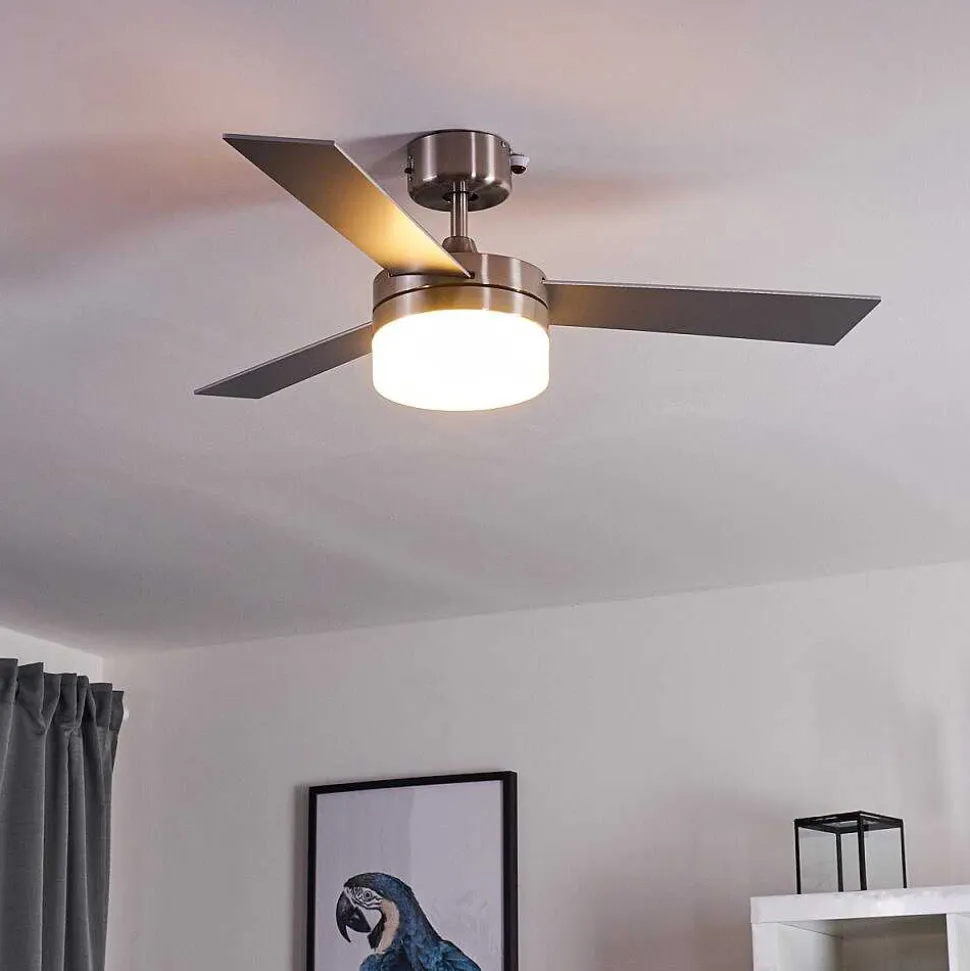 Ventilateur De Plafond Vevey Bois Clair, Nickel Mat, Argente, 2 Lumieres, Telecommandes