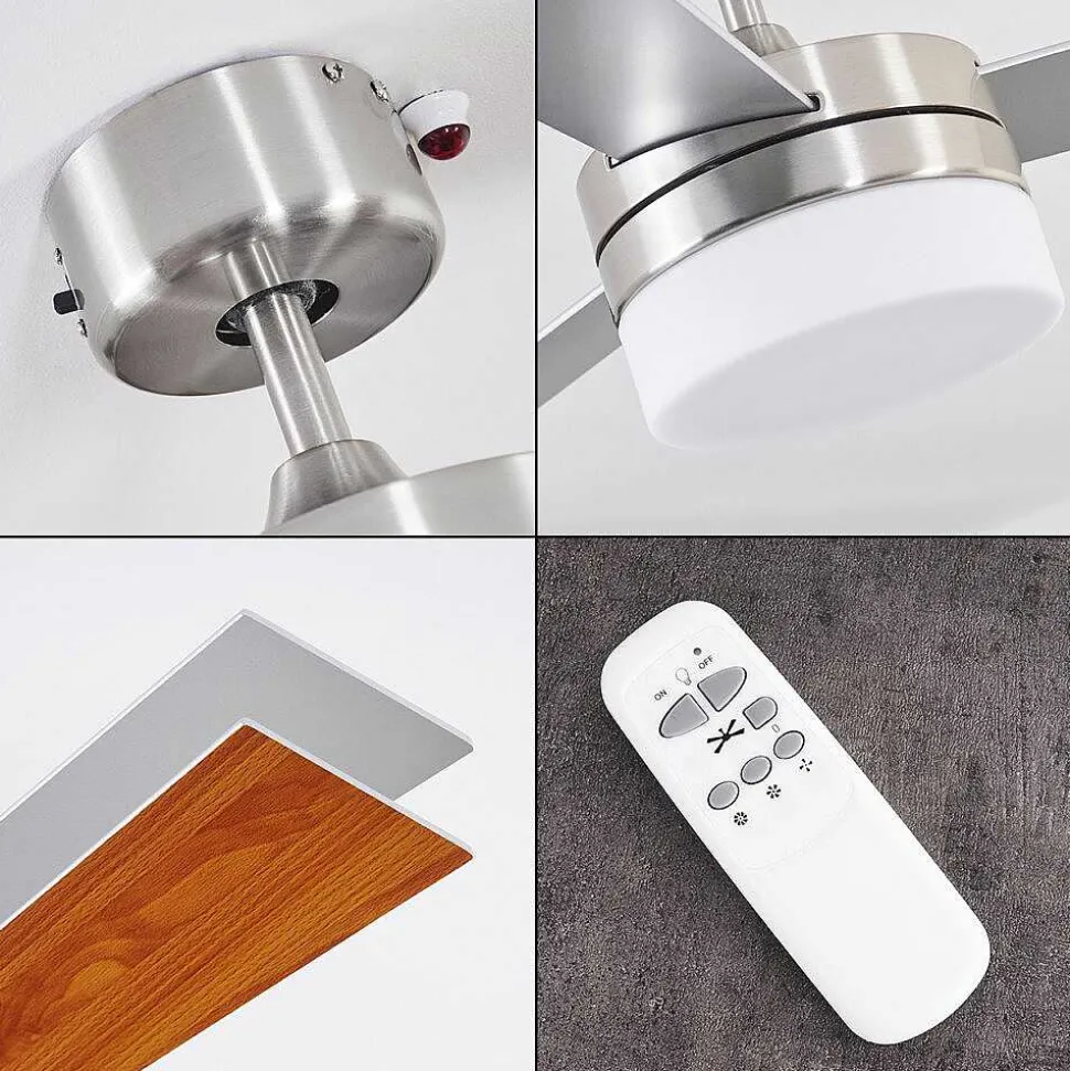 Ventilateur De Plafond Vevey Bois Clair, Nickel Mat, Argente, 2 Lumieres, Telecommandes