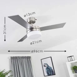 Ventilateur De Plafond Vevey Bois Clair, Nickel Mat, Argente, 2 Lumieres, Telecommandes